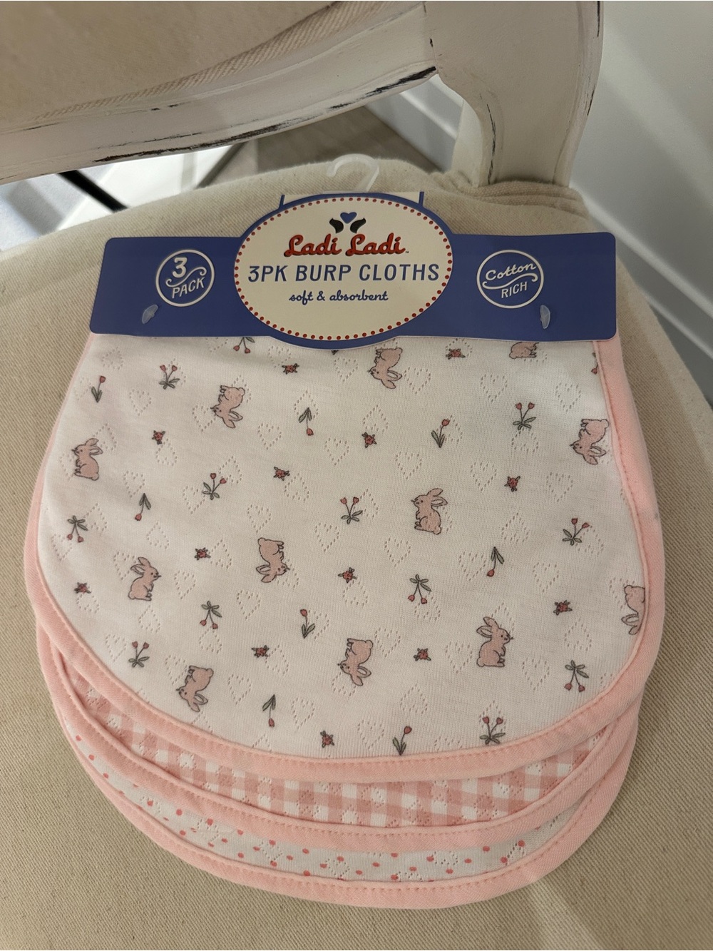 Pointelle Knit Gingham, Bunny & Polka-Dot Ruffle 3-Pack Baby Burp Cloths NWT